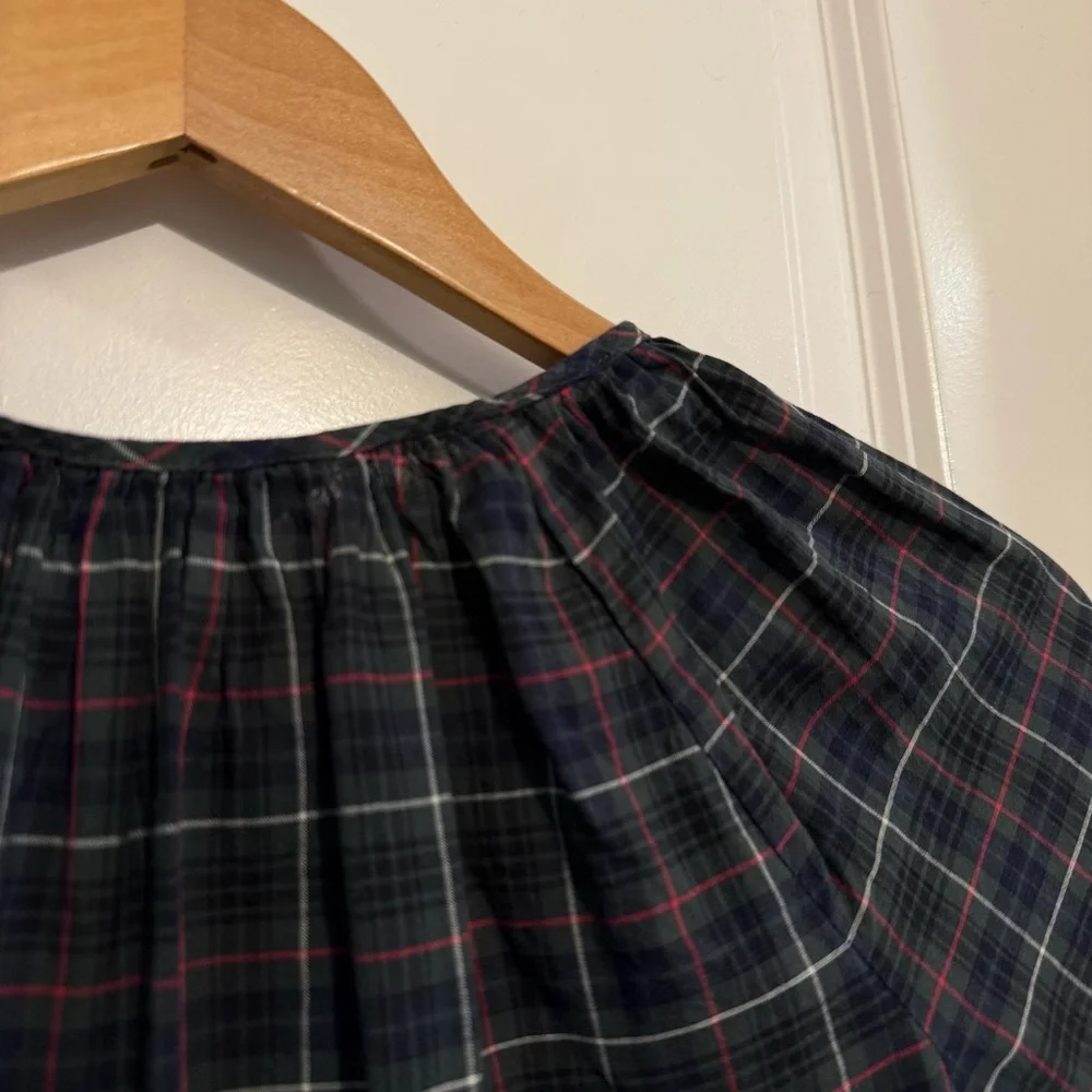 Ralph Lauren Plaid Blouson Top Dark Green Shimmery Buttons 7 Christmas Holiday